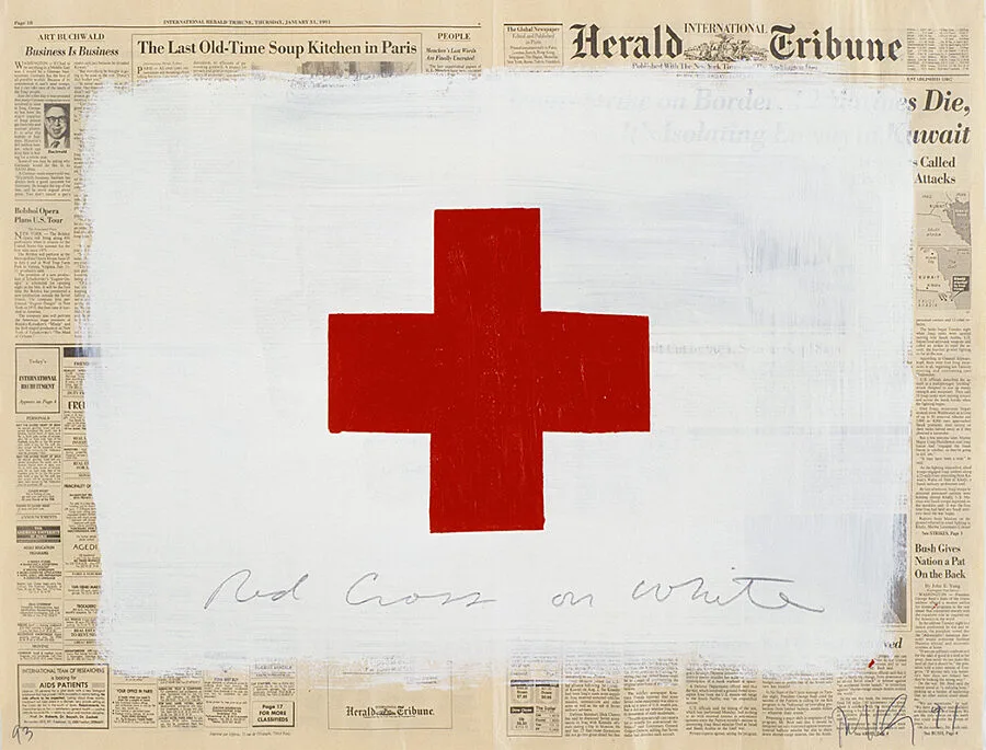 Mit einem roten Kreuz übermalte Titelseite der Herald Tribune von Robert Longo